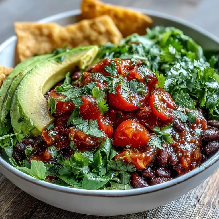 Colorful vegan taco bowl layered with seasoned black beans, avocado, and corn.