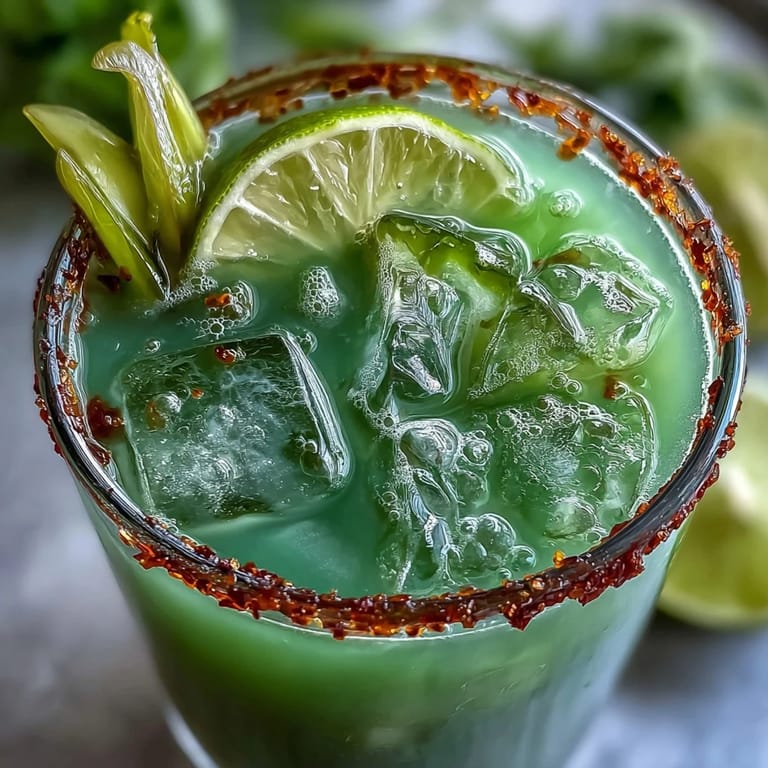 Spicy jalapeño rim frames this bold pickle margarita mocktail, a zesty sensation.