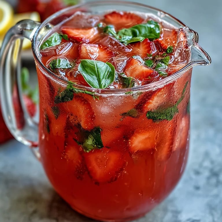 Close-up of a refreshing Strawberry Basil Lemonade Pitcher, perfect for a sunny day.