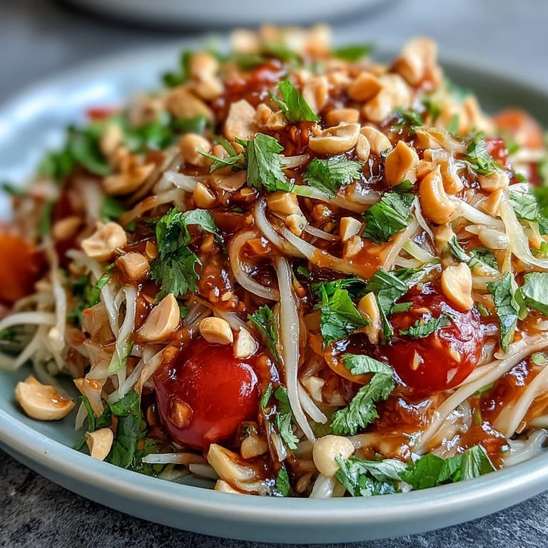 Refreshing green papaya salad, ready to serve with peanuts and lime wedges.
