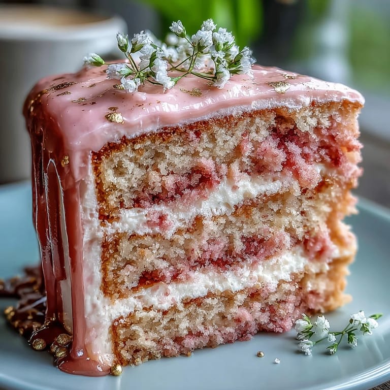 Delicious pink rosé velvet cake, beautifully decorated with a golden cascade.