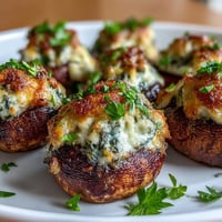 Creamy spinach and cheese stuffed mushrooms air-fried until golden and tender, perfect for easy appetizers or snacks.  