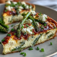 Spring Brunch Frittata with Asparagus and Goat Cheese: golden baked eggs with tender asparagus and creamy goat cheese, garnished with fresh herbs.  