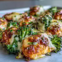 Golden ranch chicken breasts topped with melted cheddar cheese, roasted alongside crisp-tender broccoli florets on a single sheet pan.  